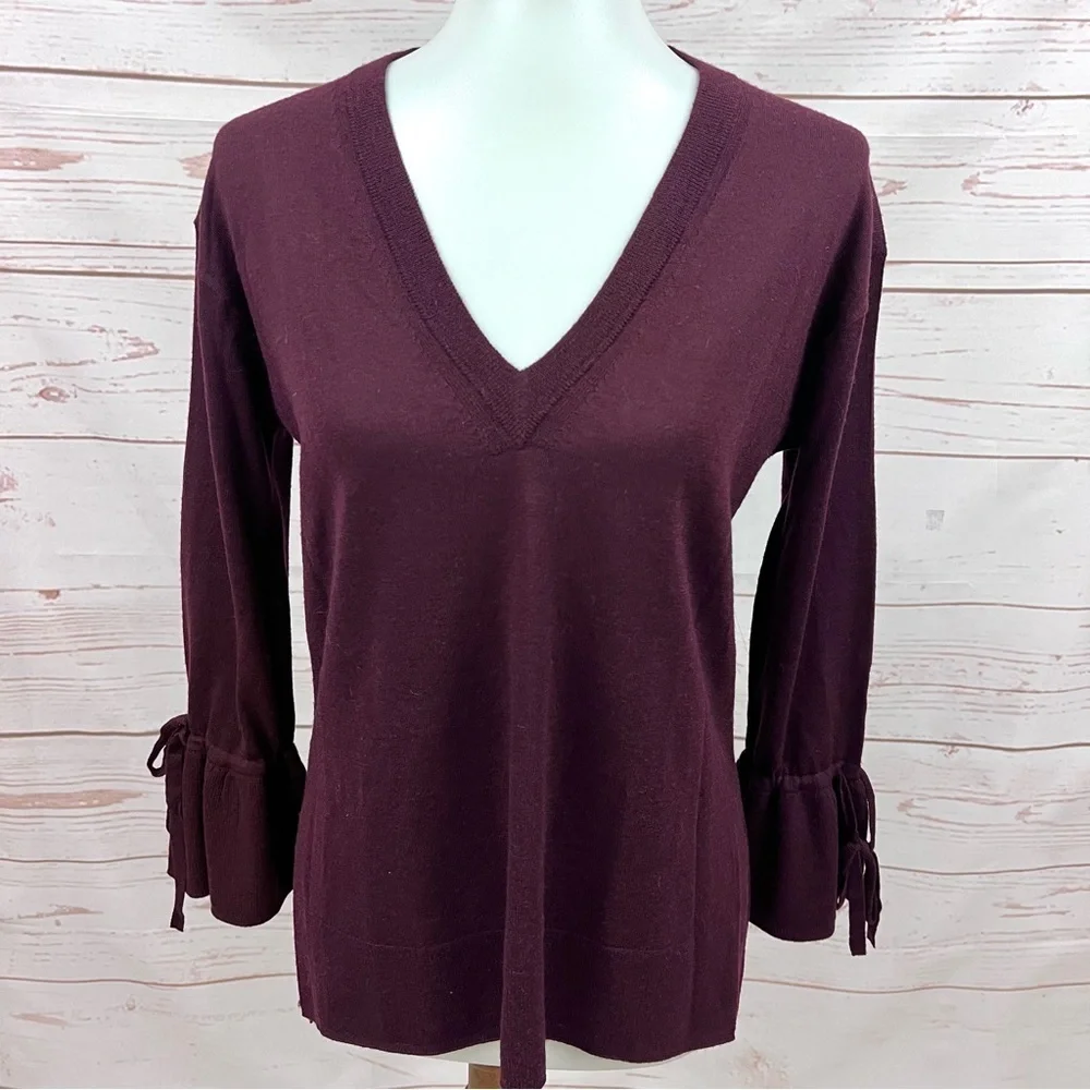 NWT J.Crew Merino Wool Burgundy V-Neck Tunic Sweater Drawstring Cuff Bell Sleeve
